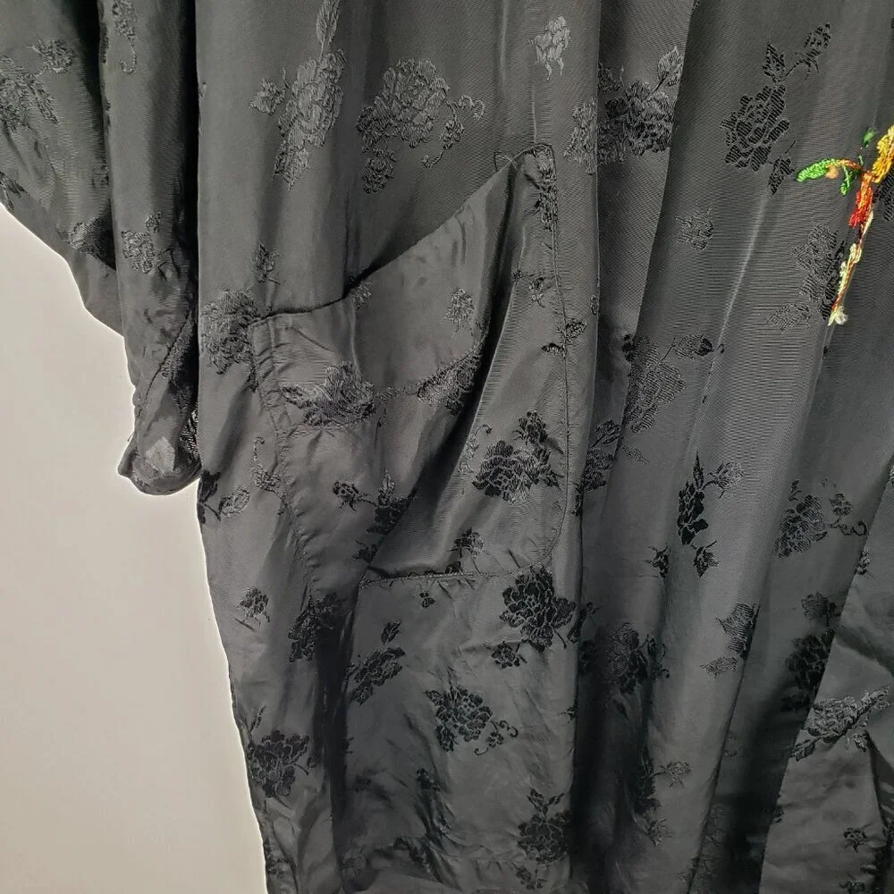 Golden Bee Vintage Black Silky Rayon Robe Kimono Embroidered Floral Bird Small